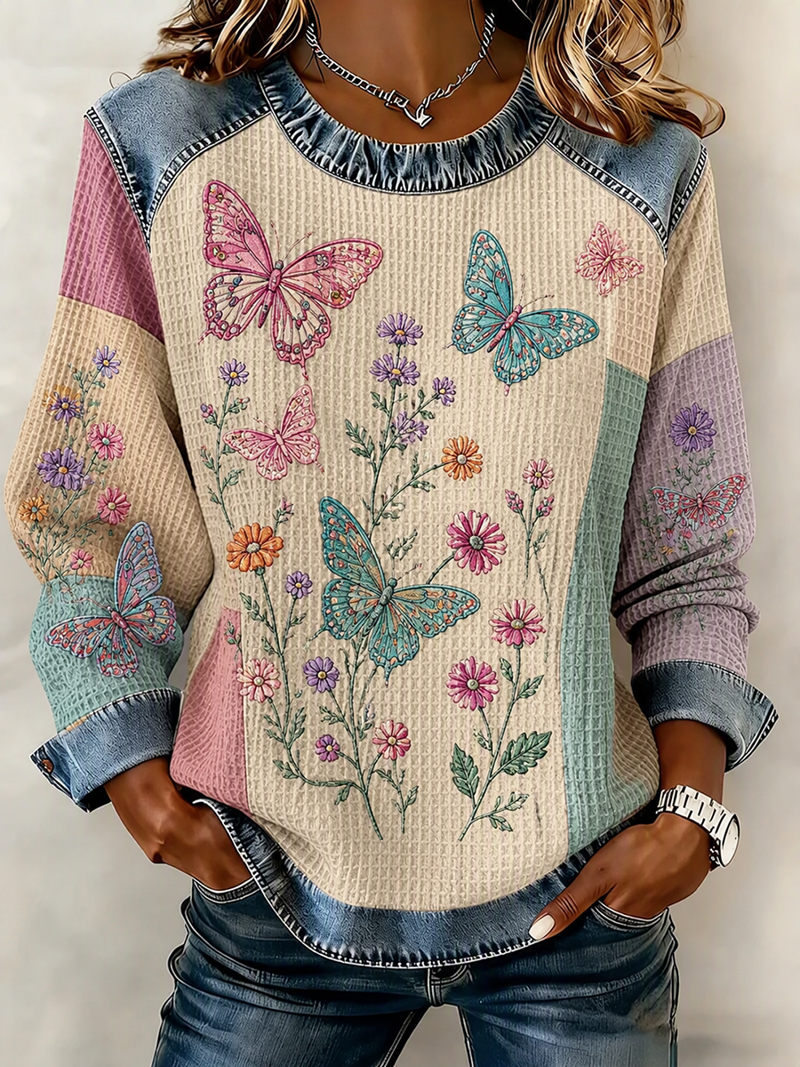 Women'S Butterfly & Floral Patchwork Print Casual Waffle Sweatshirt