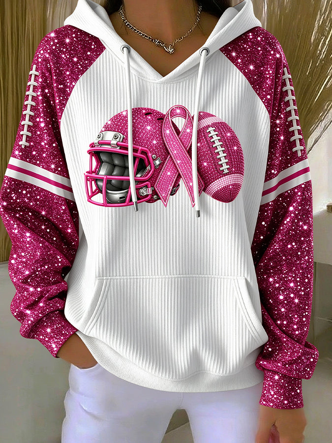 Women'S Retro Pink Art Printed Shoulder Hoodie