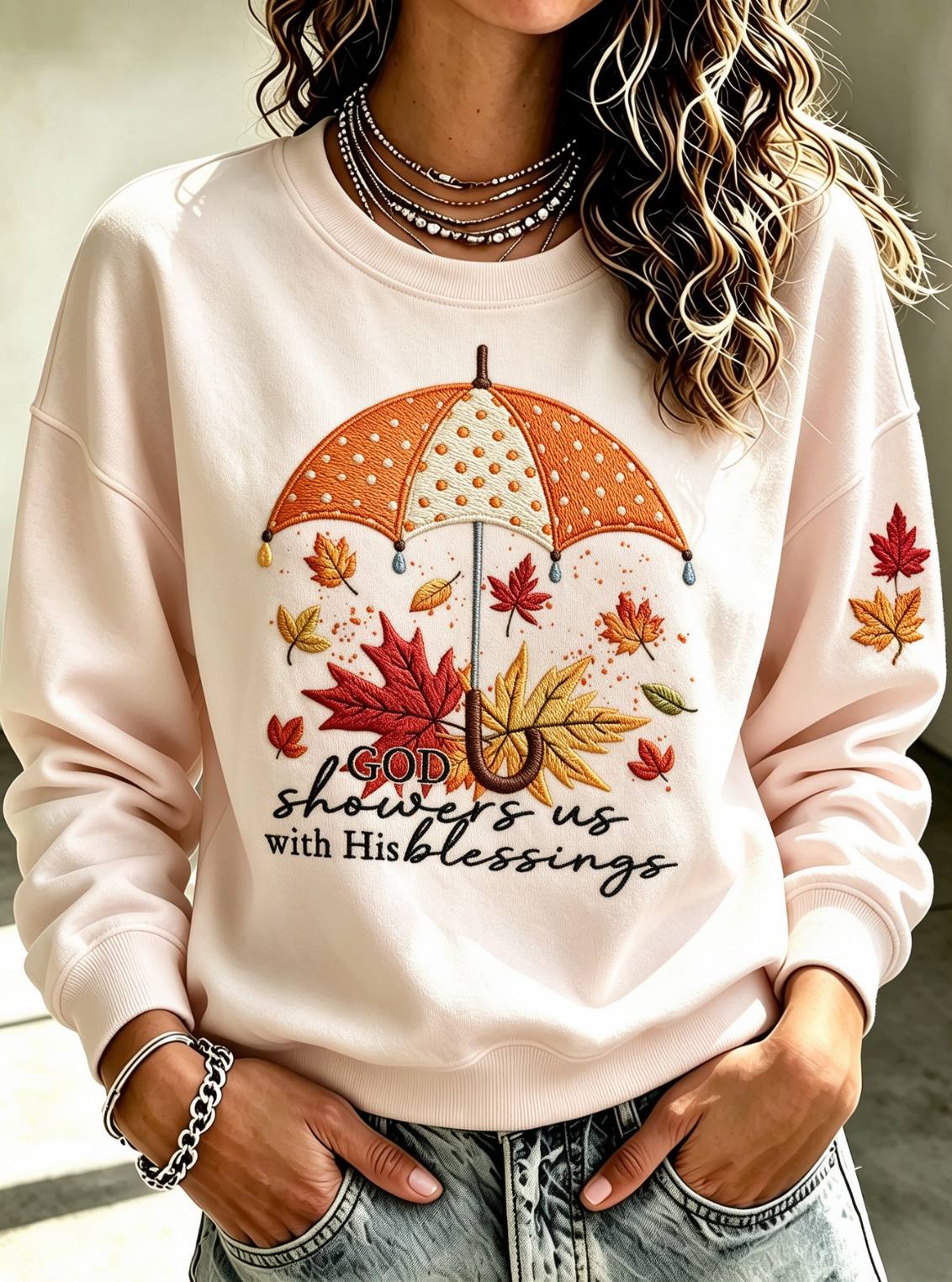 Women God Showers Us With His Blessings Maple Leaf Umbrella Sweatshirt