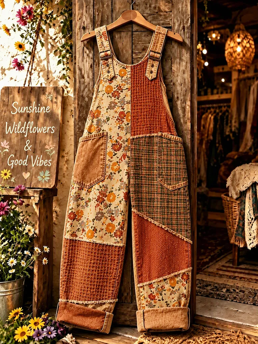 Women's Patchwork Floral Print Overalls