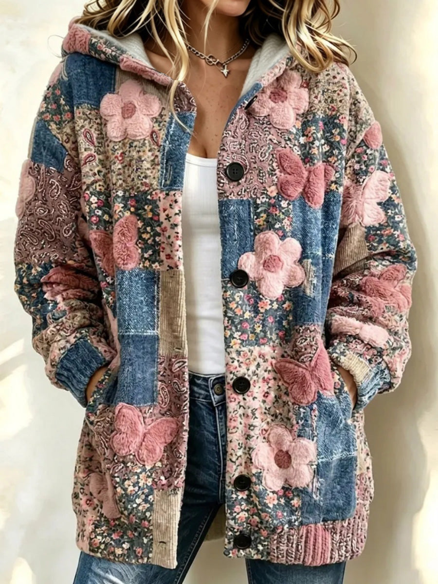 Women'S Butterfly & Flower-Themed Casual Hooded Long Cardigan