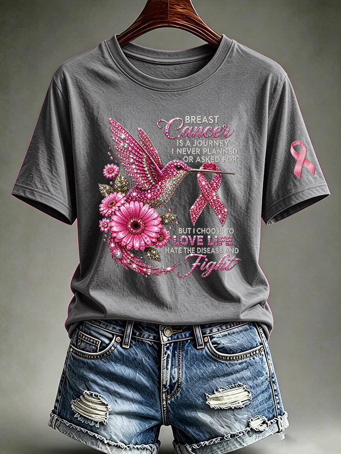 Women'S Casual Pink Hummingbird Printed T-Shirt