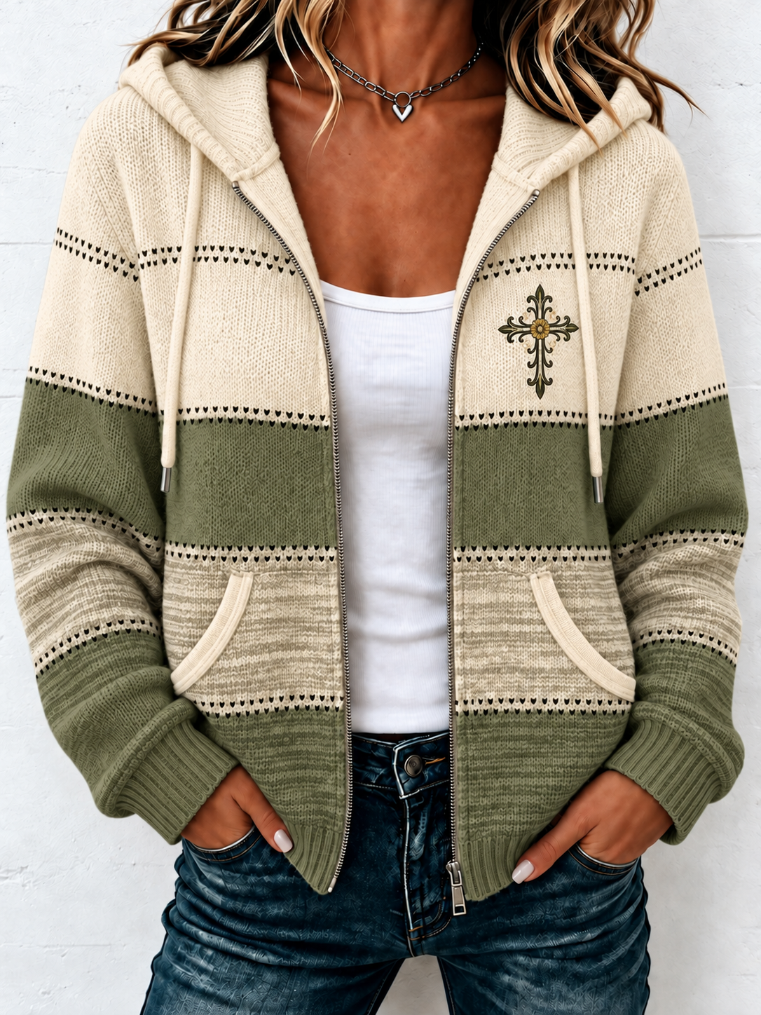 Women'S Casual Striped Faith Hooded Zipper Jacket