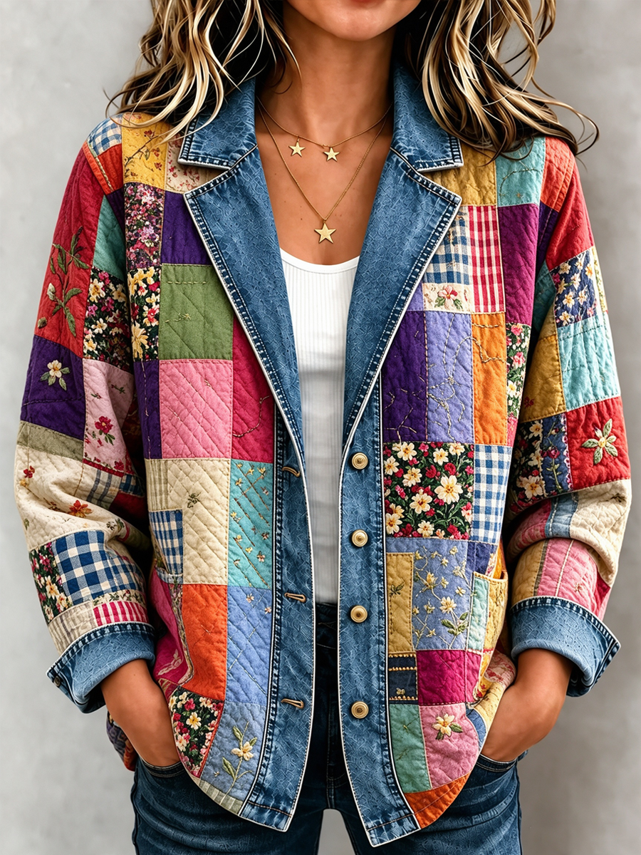 Women's Plant and Flower Patchwork Knitted Cardigan