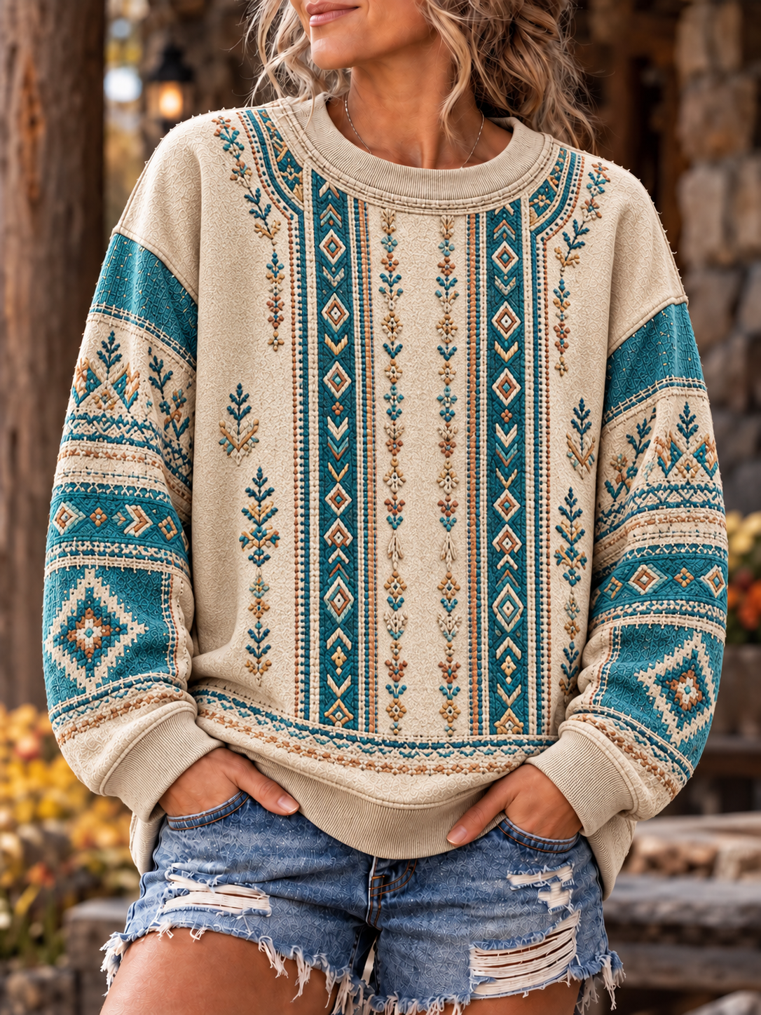 Women'S Retro Western Style Printed Casual Sweatshirt