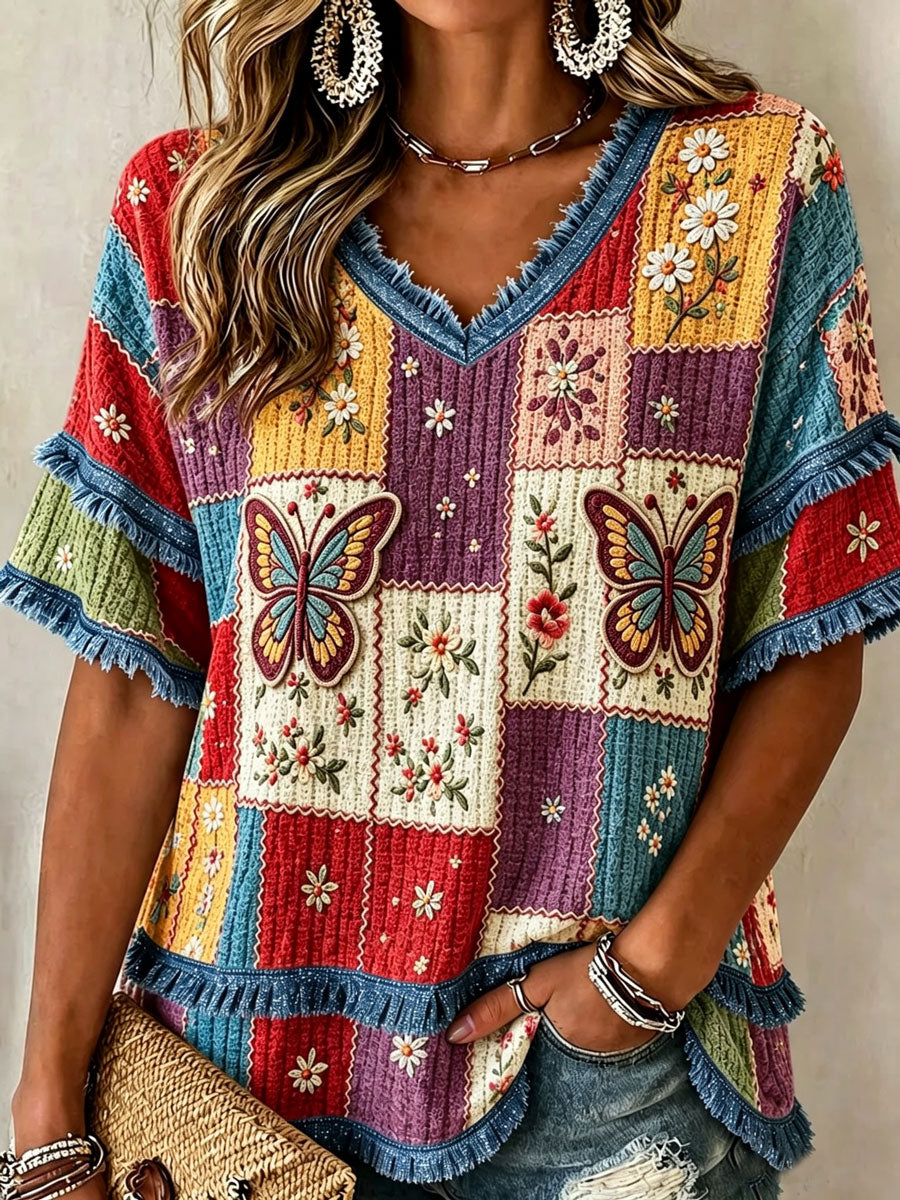 Ladies' Butterfly Patterned Tassel Casual Top
