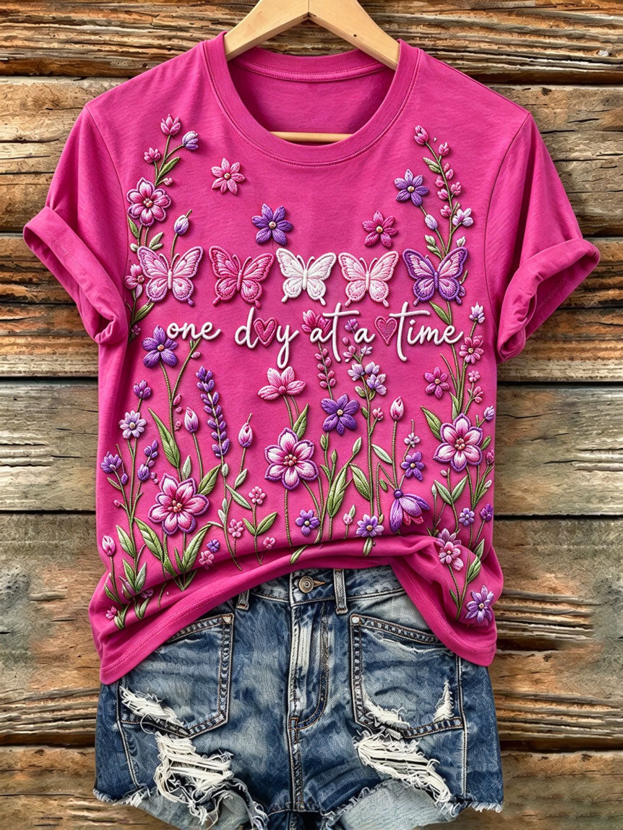 Ladies' Butterfly Flower Pattern Casual Short Sleeve Round Neck T-Shirt