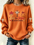 Women'S Waffle Orange Art Round Neck Checkered Sweatshirt