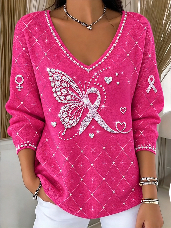 Women'S Sequined  Print Knit V-Neck Top