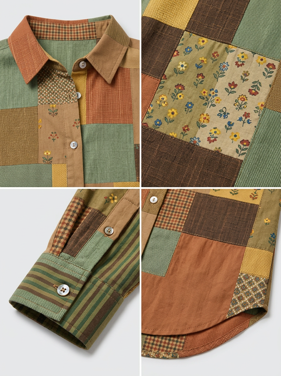 Women's Autumn Boho Patchwork Floral Printed Button-up Shirt