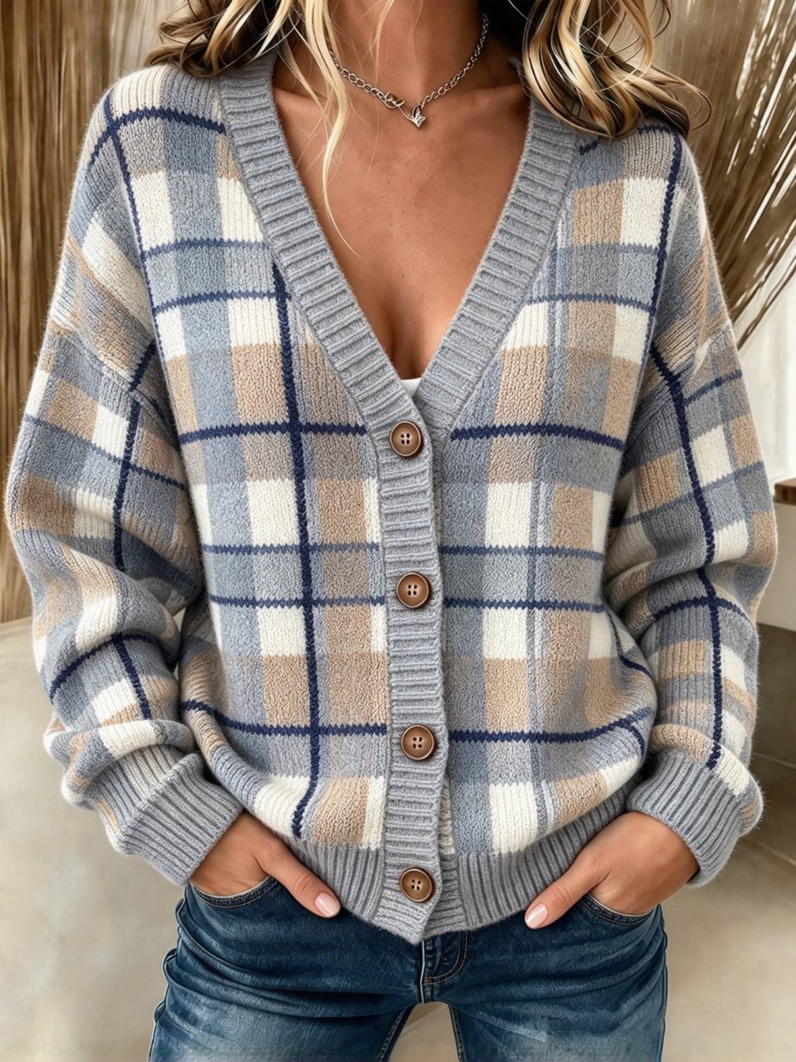Women's Rust Plaid V-Neck Button Knit Cardigan