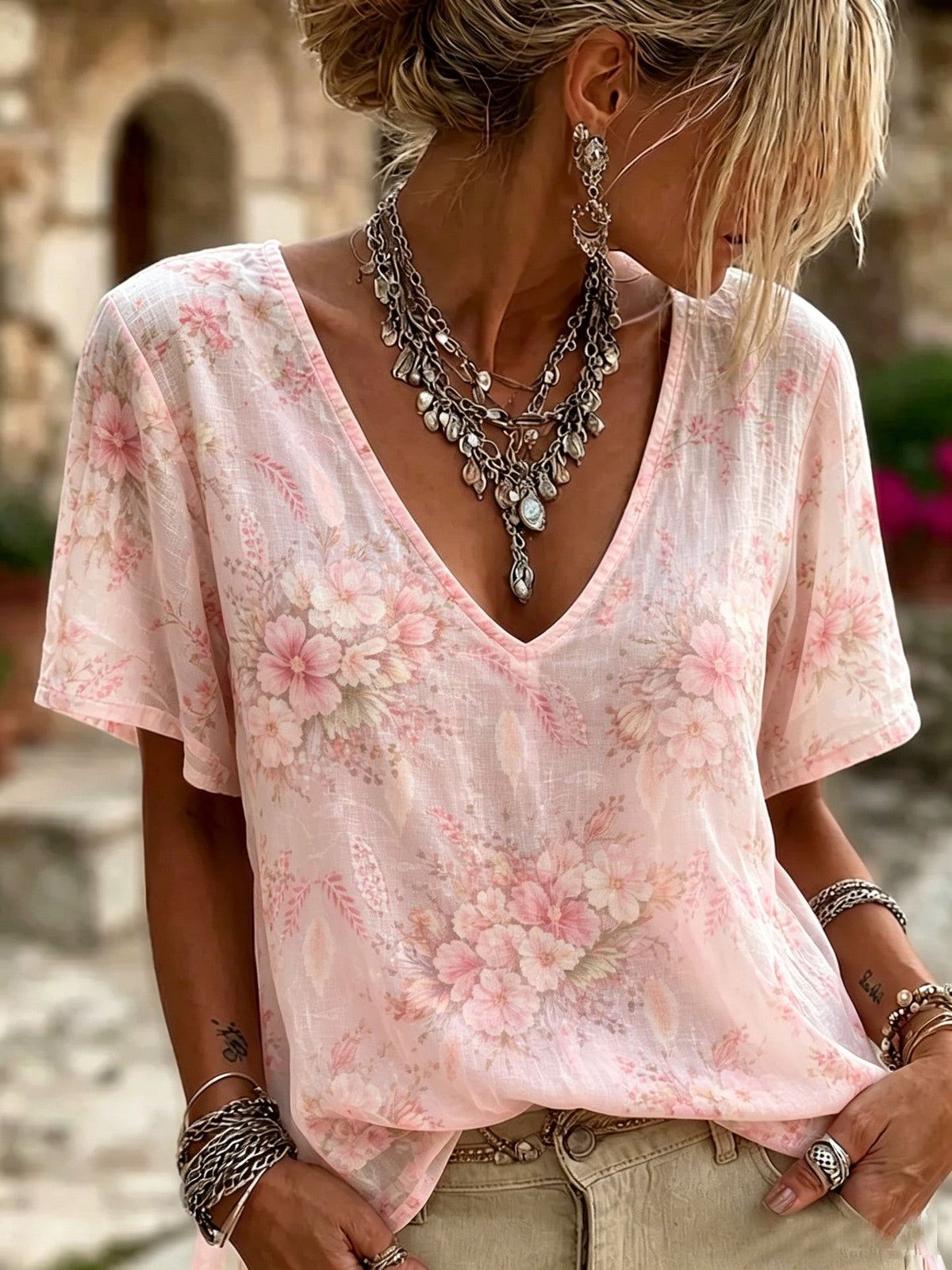 Women's Comfortable Floral Cotton Linen V-Neck T-Shirt