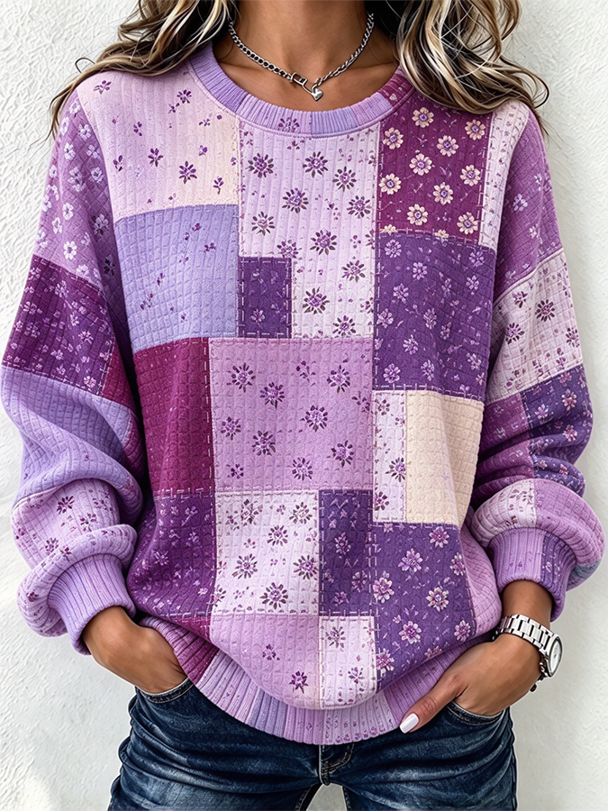 Women'S Casual Print Waffle Long Sleeved Round Neck Sweatshirt