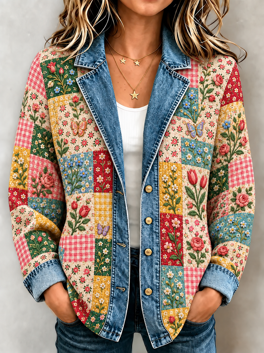 Women's Plant and Flower Patchwork Knitted Cardigan