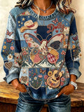 Women'S Butterfly & Floral Patchwork Print Casual Waffle Sweatshirt