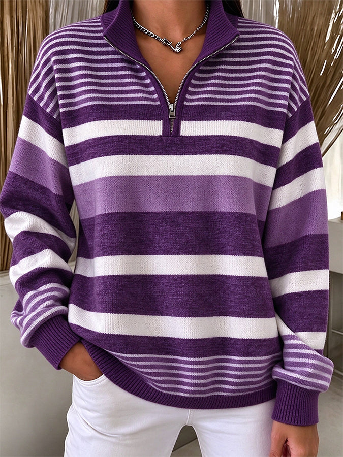 Women'S Striped Zipper Sweatshirt