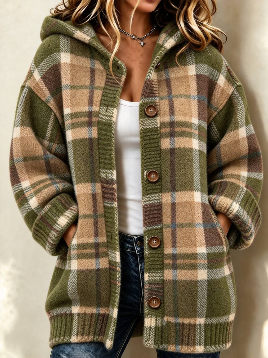 Women's Retro Plaid Hooded Button Knit Cardigan