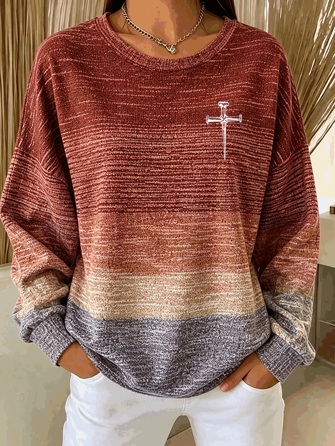 Women'S Casual Gradient Faith Cross Printing Knitted Sweatshirt