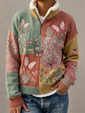 Women's Butterfly & Flower-Themed Stand-Up Collar Fleece Sweater
