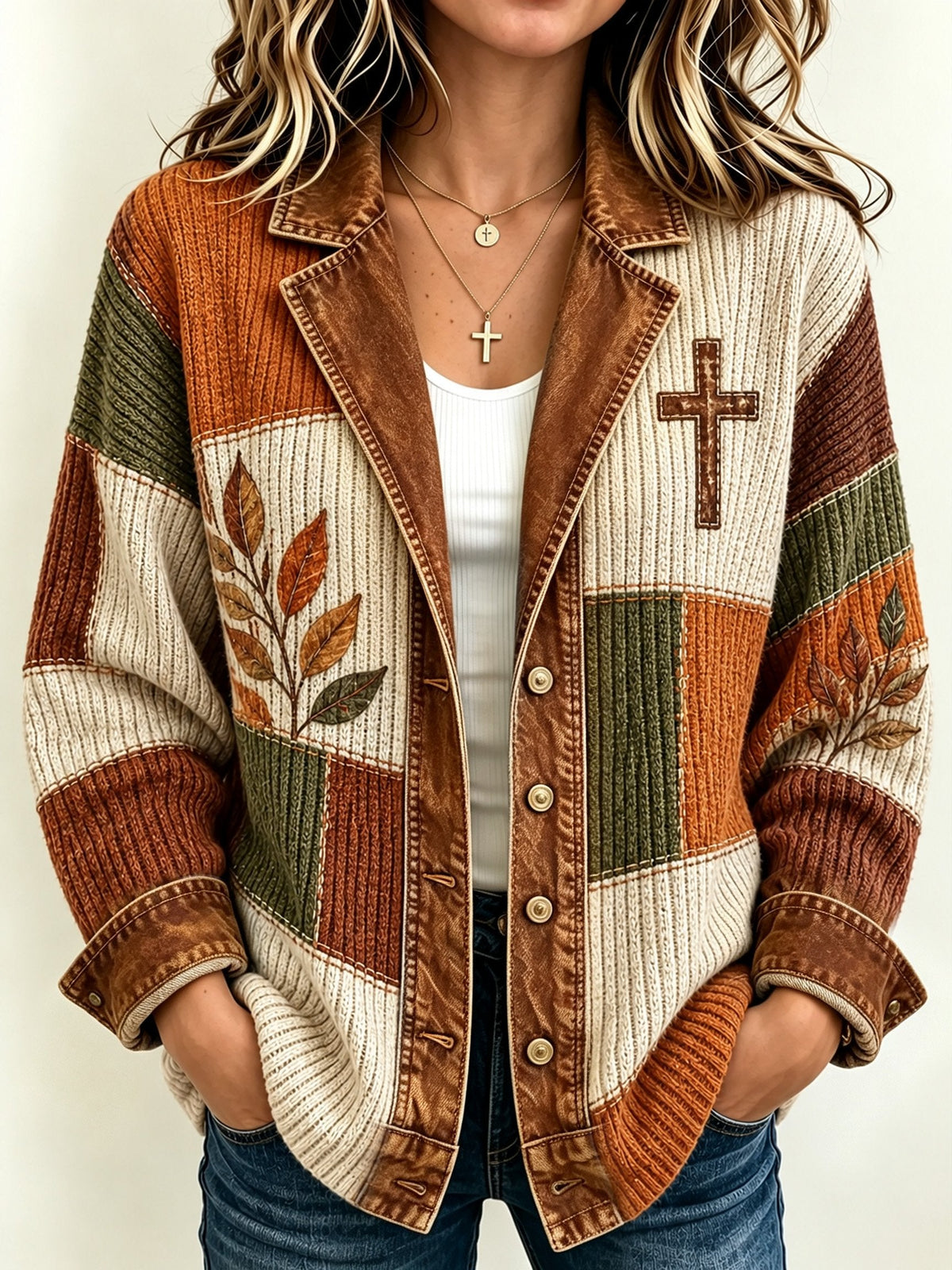 Women'S Autumn Faith Print Faux-Denim Casual Cardigan