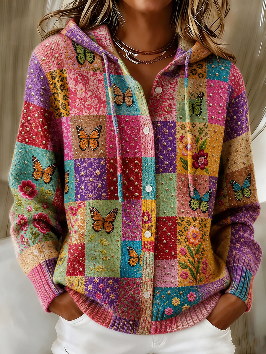 Women's Patchwork Art Knitted Hooded Cardigan