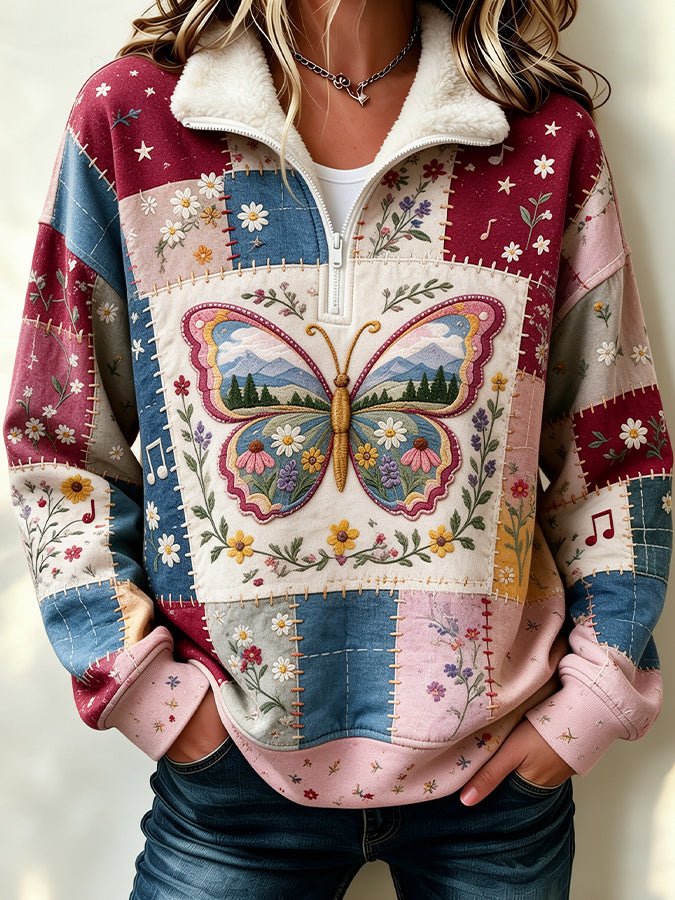 Women'S Butterfly Print Quarter Zipper Top