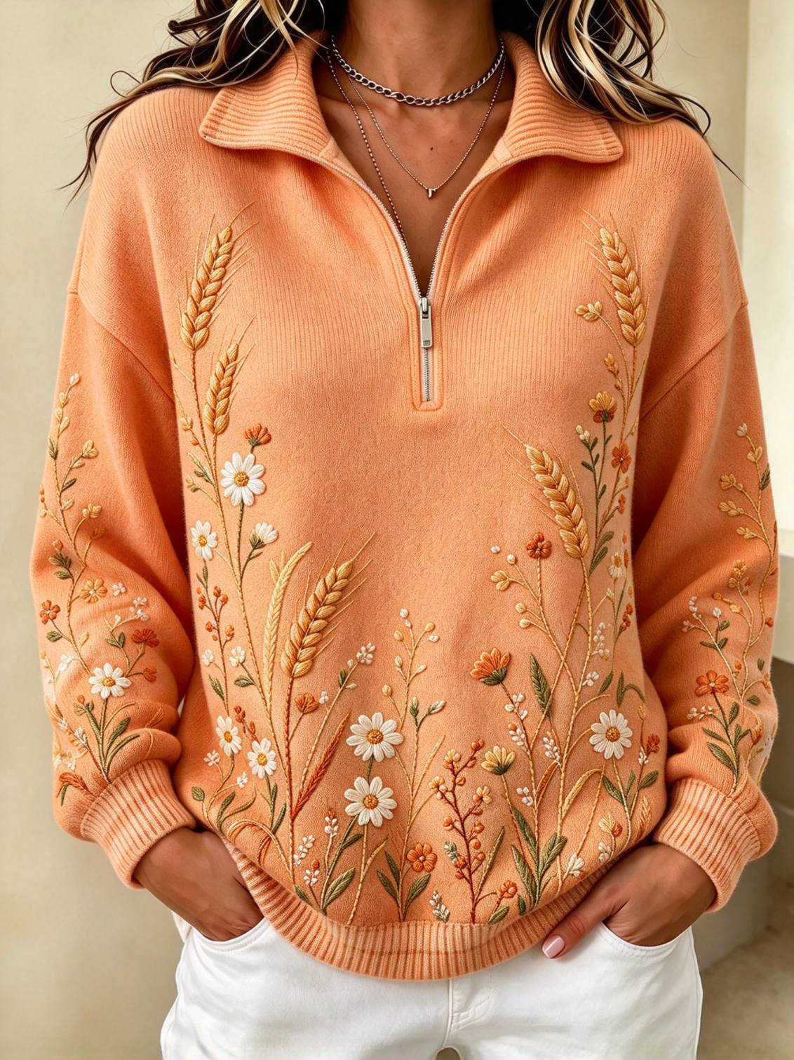 Women Wild Wheat Daisy Floral Embroidery Half Zip Sweatshirt