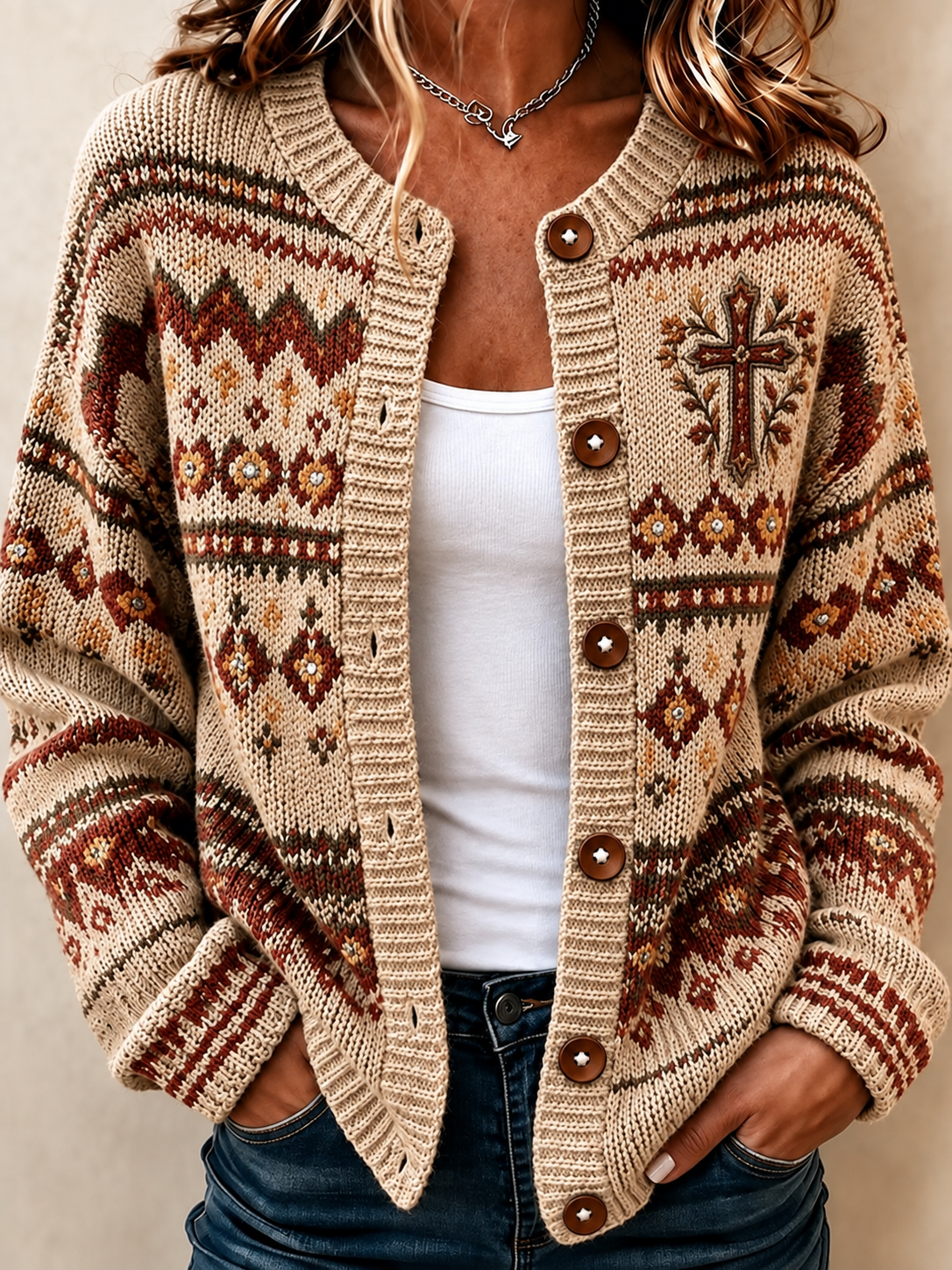 Women'S Fall Vintage Print Knit Cardigan