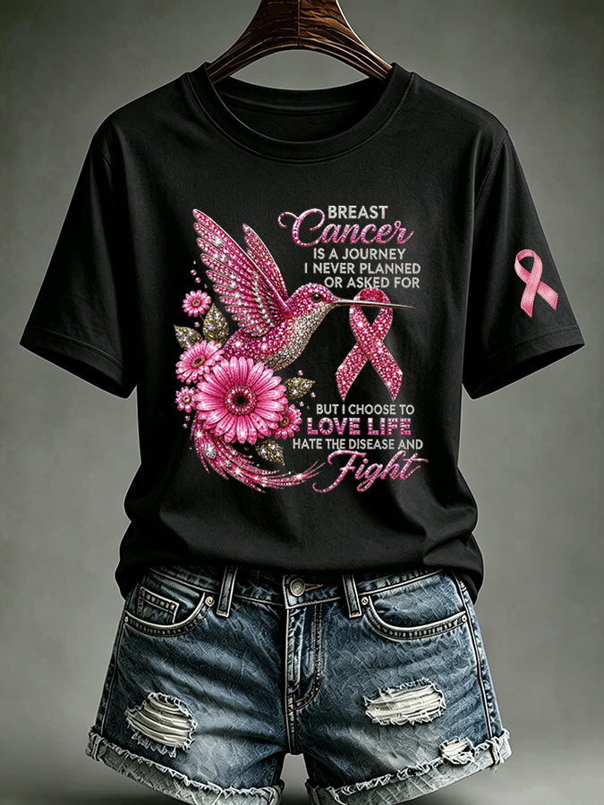 Women'S Casual Pink Hummingbird Printed T-Shirt