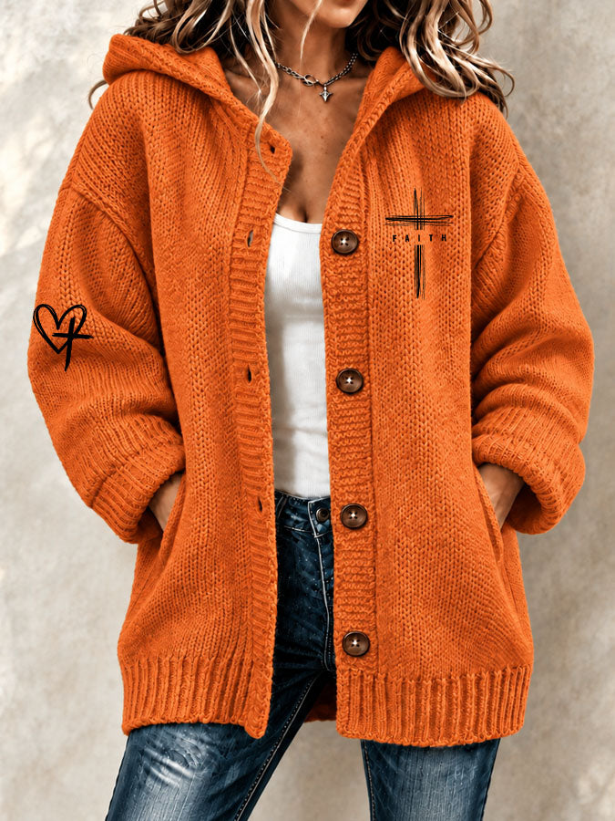 Women's Faith Cross Printed Knitted Cardigan