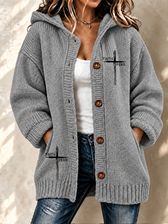 Women's Faith Cross Printed Knitted Cardigan