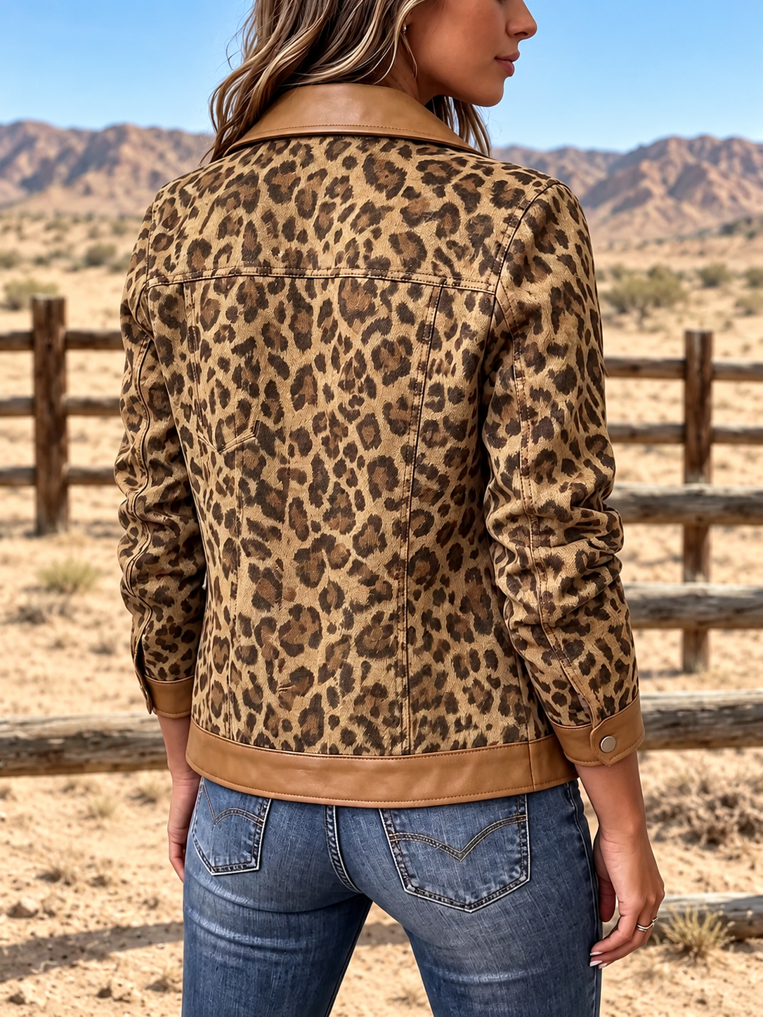 Women's Bold Leopard Denim Patchwork Leather Trim Print Trucker Jacket