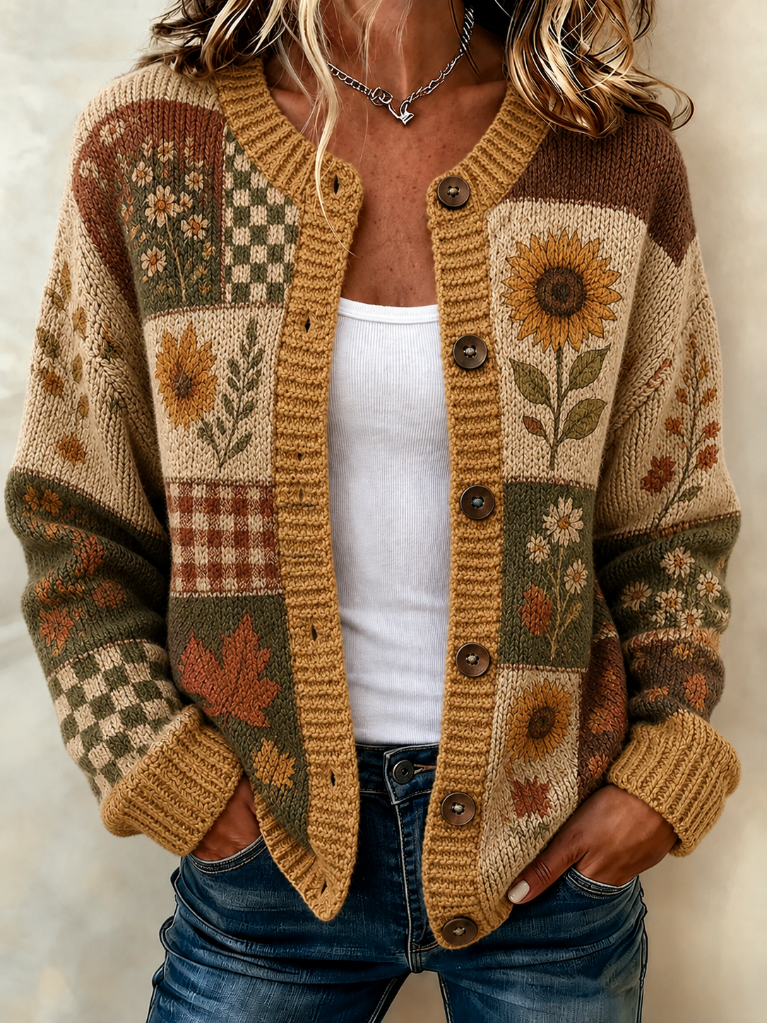 Women's Retro Plant Flower Printed Knitted Cardigan
