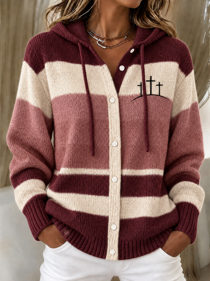 Women'S Faith Print Casual Knitt Hooded Cardigan