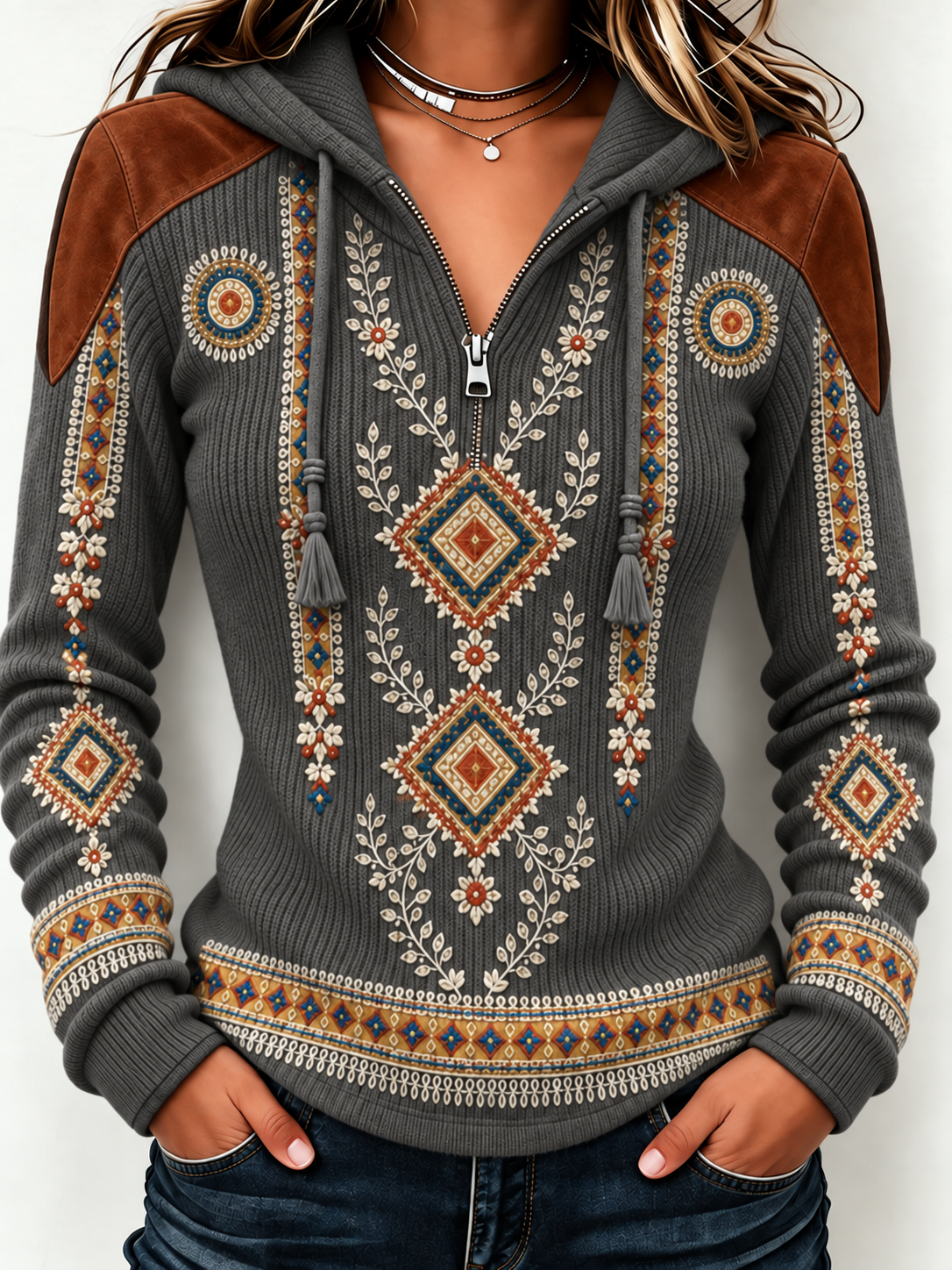 Women'S Retro Western Style Printed Zipper Hoodie