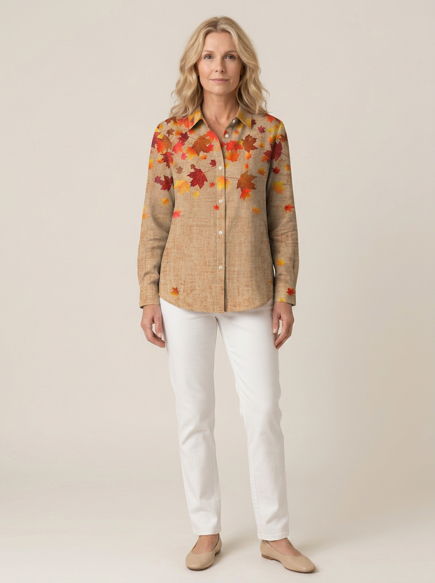 Women's Autumn Fall Maple Leaf Printed Button Down Shirt