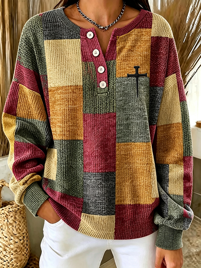 Women'S Color-Block Design With "Faith" Cross Printed Sweatshirt