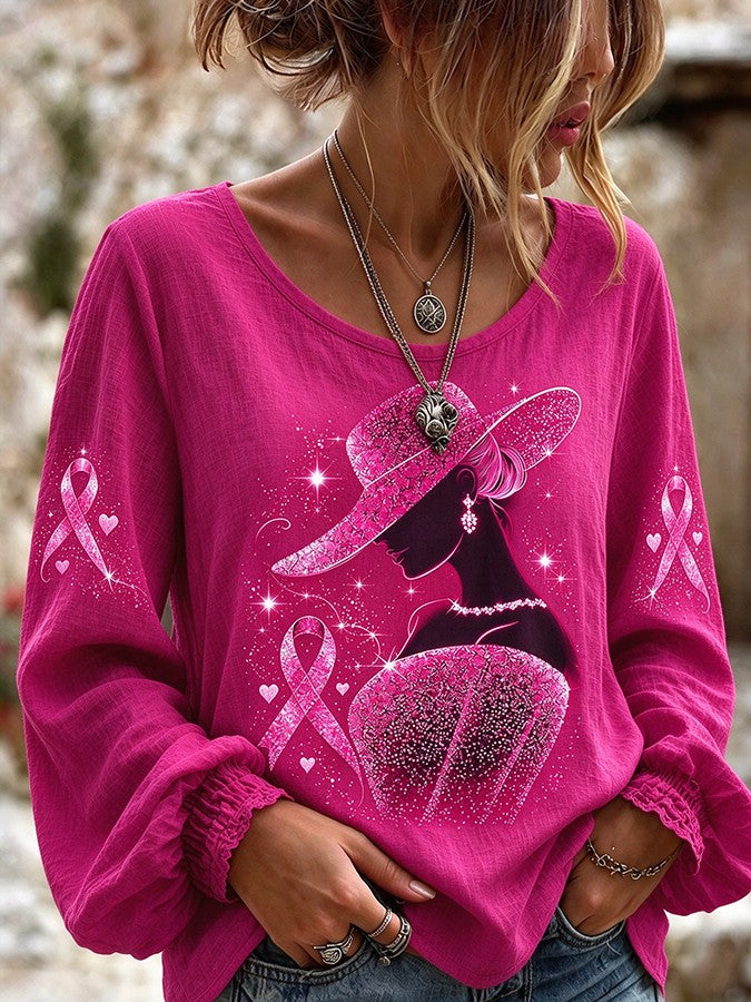 Women'S Breast Cancer Witch Printed Long Sleeved Shirt