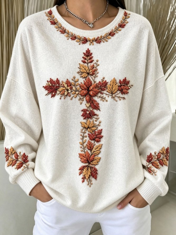 Women Maple Leaf Crew Neck Casual Spring/Fall Long Sleeve Sweatshirt