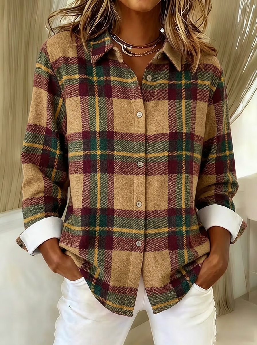 Women's Autumn Fall Plaid Pattern Printed Button-Down Shirt