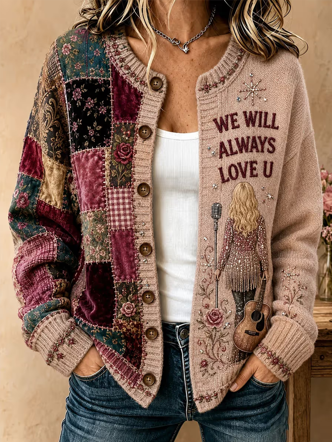 Women'S Pink Western Style Butterfly Flower Pattern Cardigan