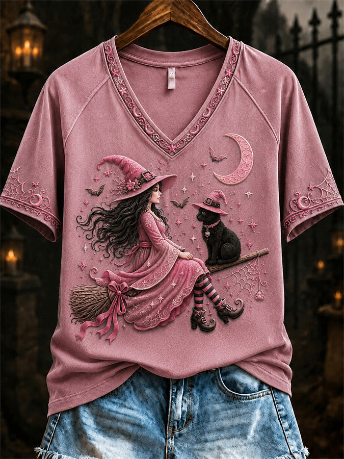 Women'S Casual Retro Pink Art Printed T-Shirt