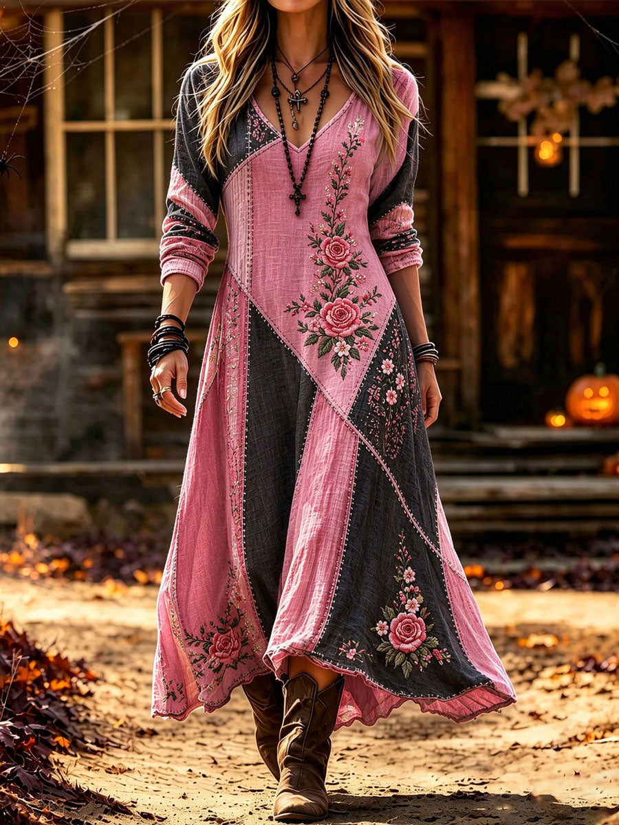 Women'S Pink Witch-Themed Casual V Neck Maxi Dress