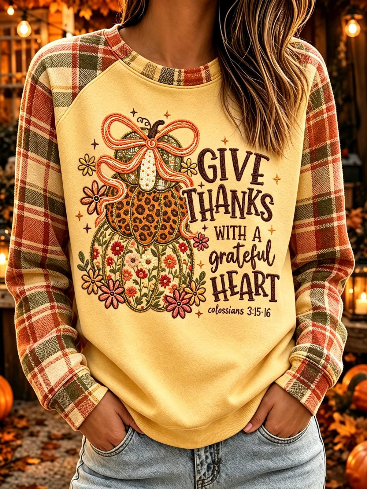 Women's Give Thanks Grateful Heart Plaid Sleeve Pumpkin Sweatshirt