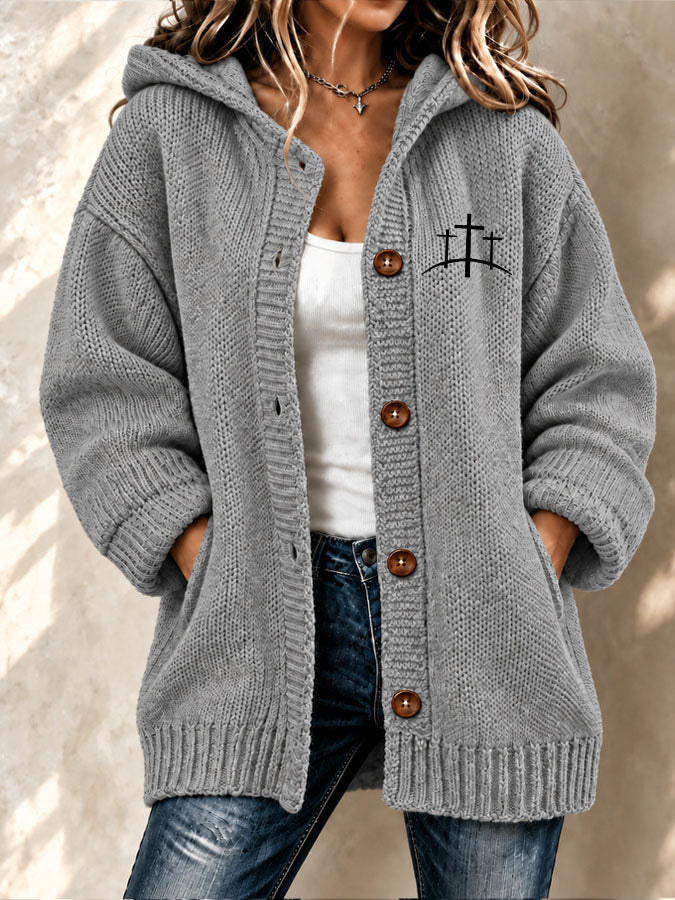 Women's Faith Cross Printed Knitted Cardigan