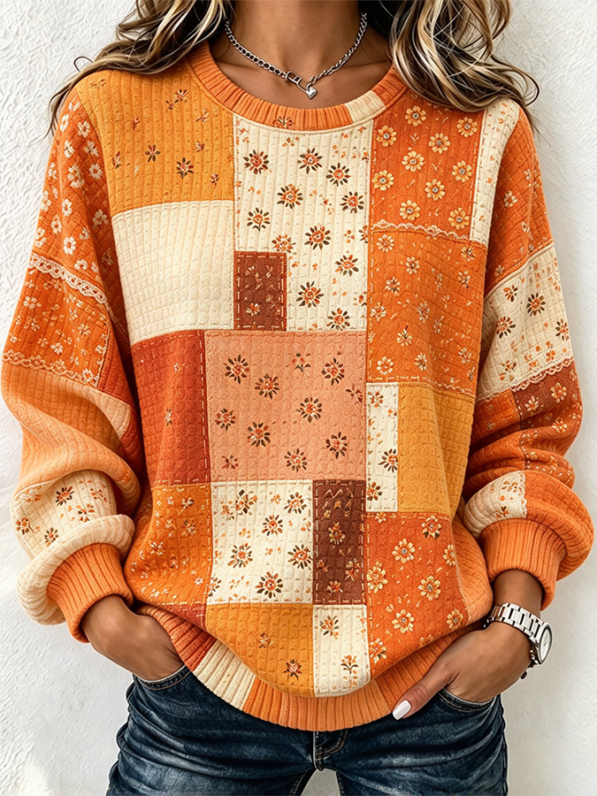 Women'S Casual Print Waffle Long Sleeved Round Neck Sweatshirt