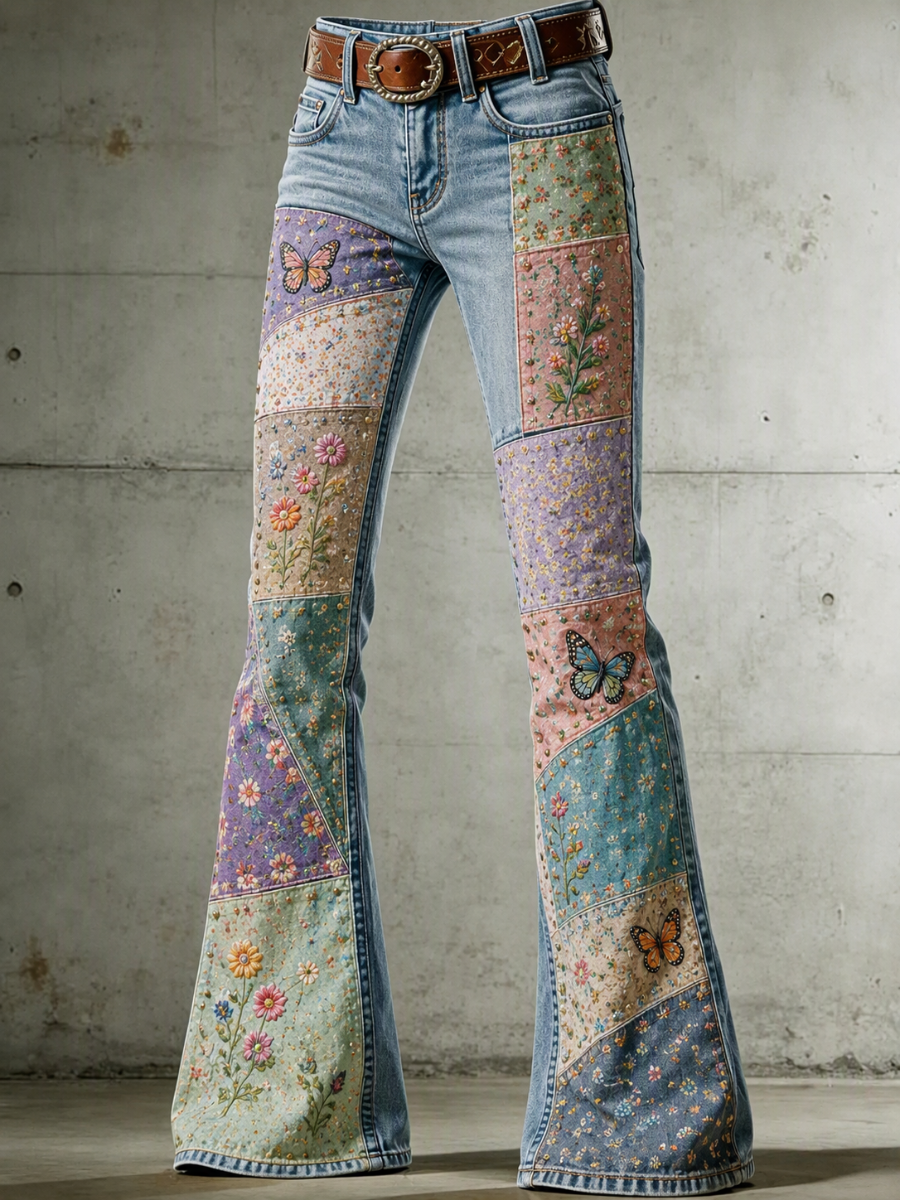Women's Pink Art Print Flared Trousers