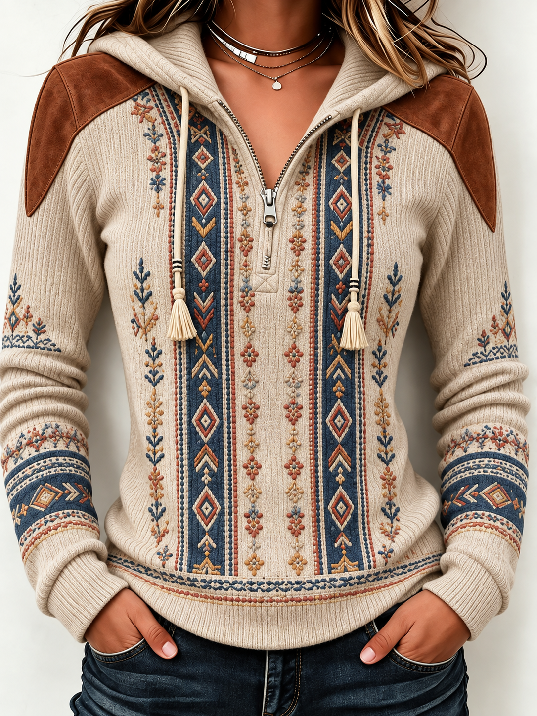 Women'S Retro Western Style Printed Zipper Hoodie