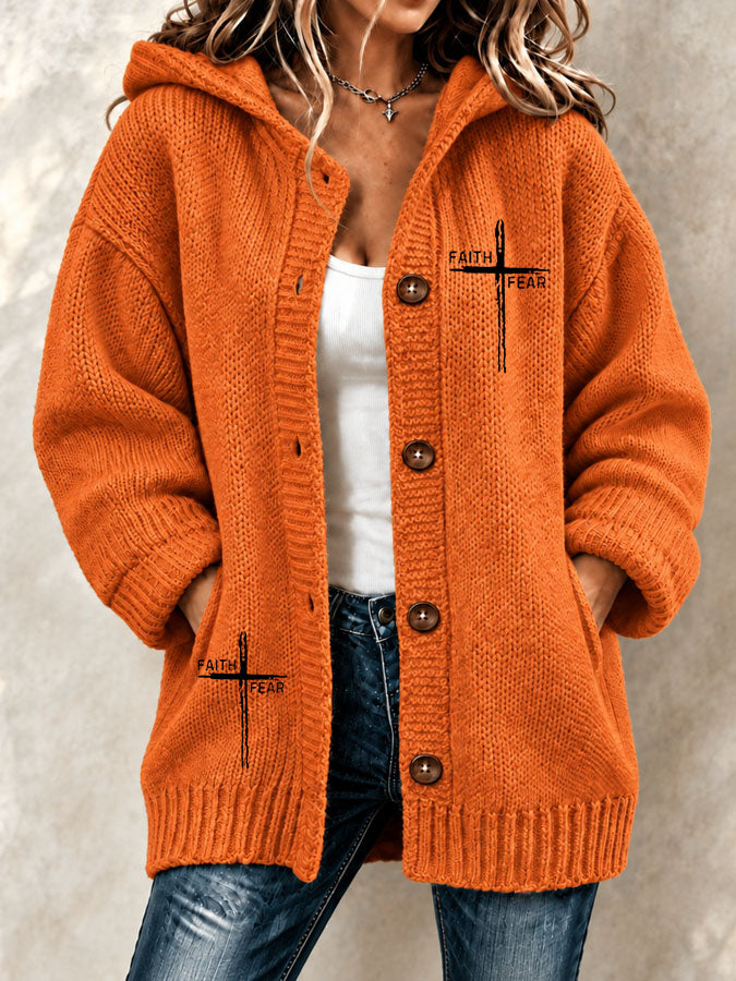Women's Faith Cross Printed Knitted Cardigan
