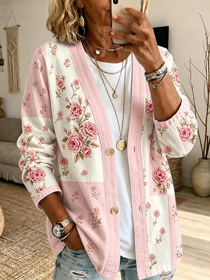 Women'S Casual Plaid Floral Cardigan
